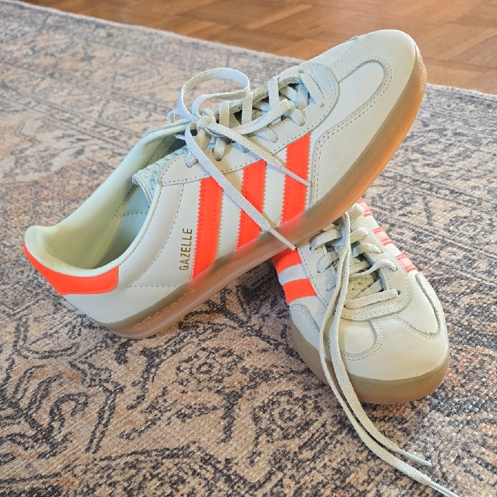 adidas Gazelle Sneakers - Light Gray with Neon Orange Stripes